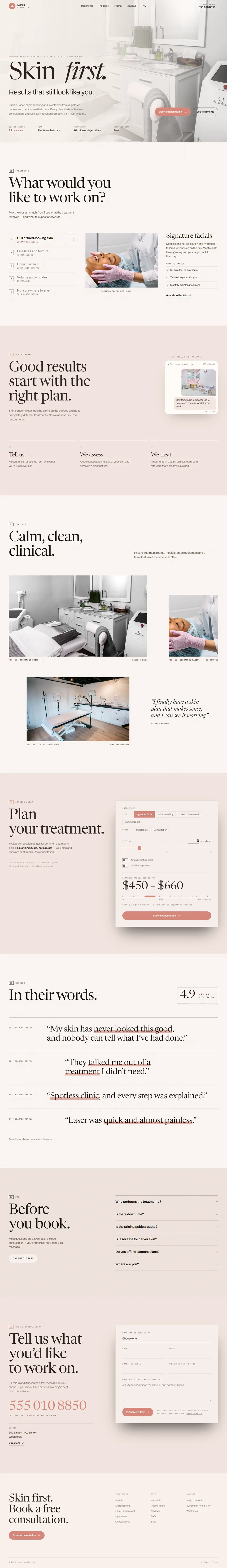 Full-page screenshot of a med spa website with a clinic hero photo, treatment finder, clinic photos, pricing guide and consultation form