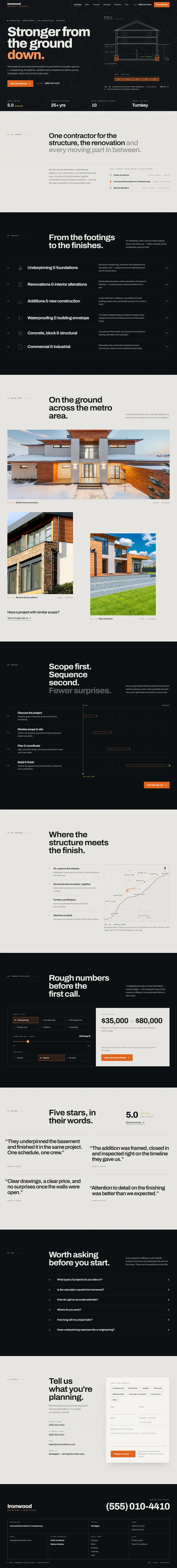 Full-page screenshot of a renovation contractor website with a blueprint hero drawing, services, project photos, process timeline and budget calculator